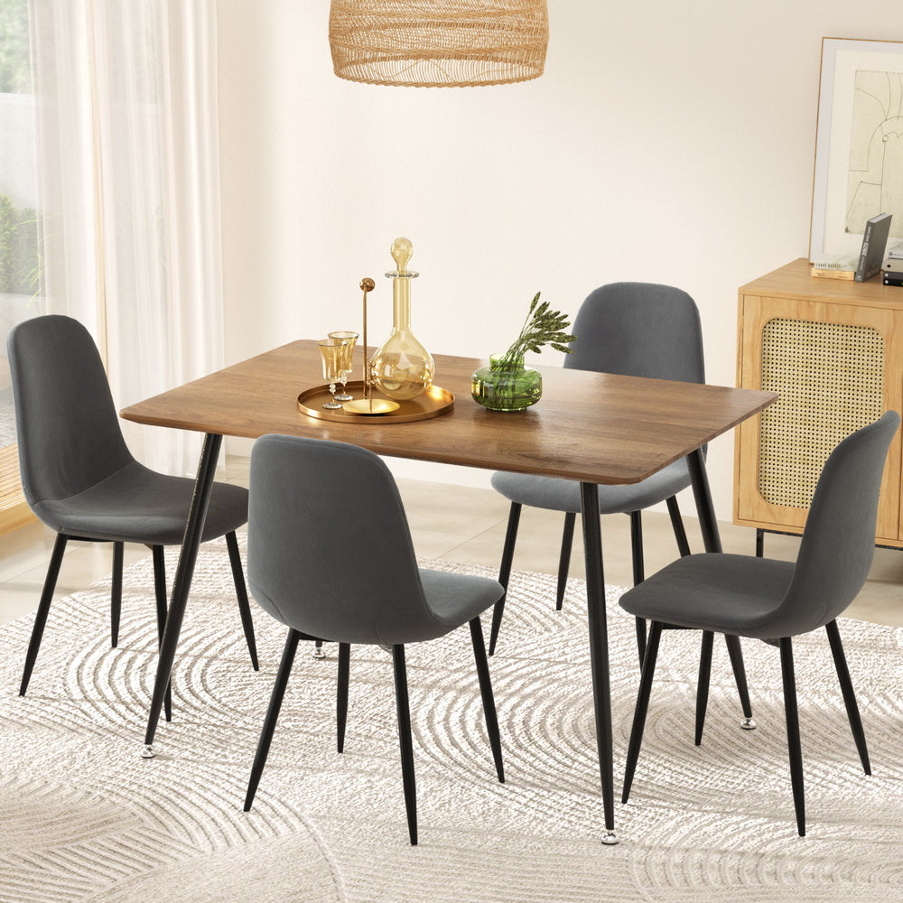 Dining Table and 4 Chairs Set – Grey Metal Frame, Wood Grain Top