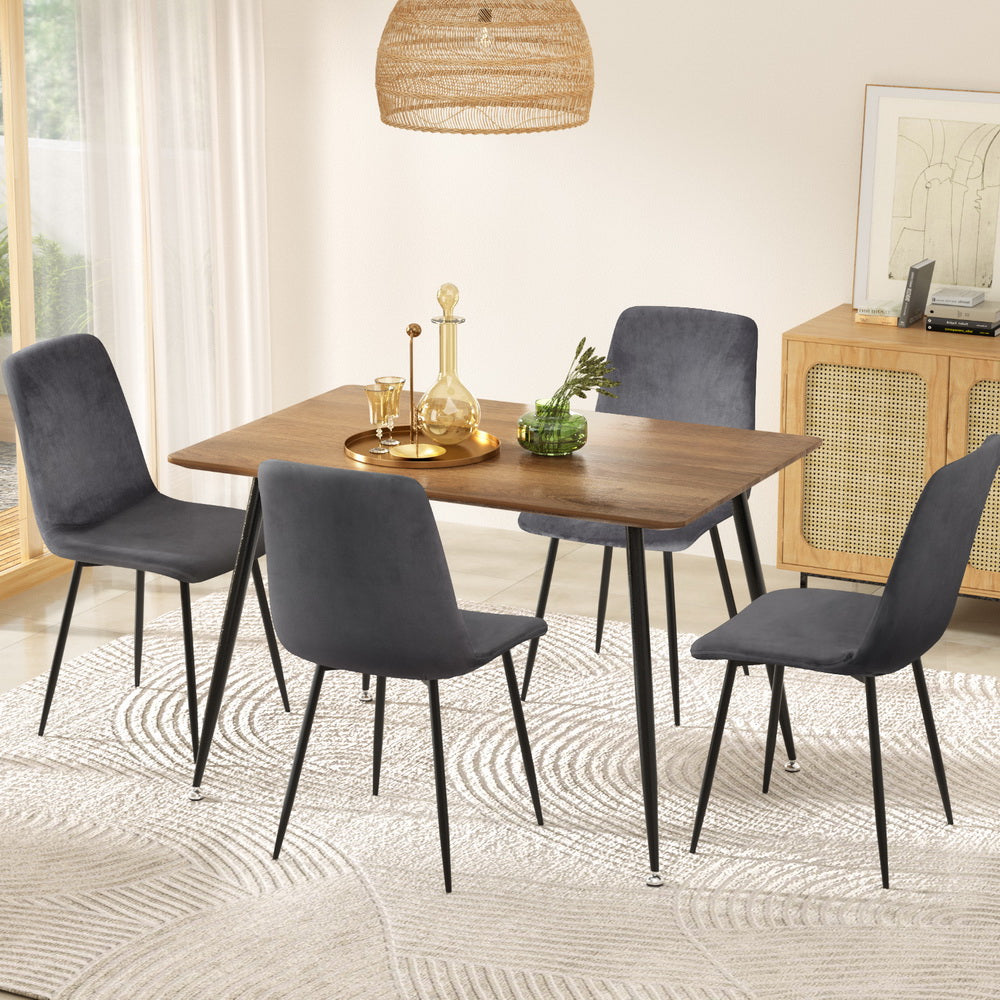 Dining Table and 4 Velvet Chairs Set – Grey, Industrial Style