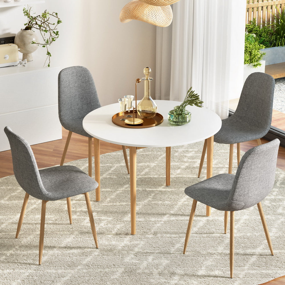 Demi Dining Table and 4 Chairs Set – Round White Table with Grey Chairs
