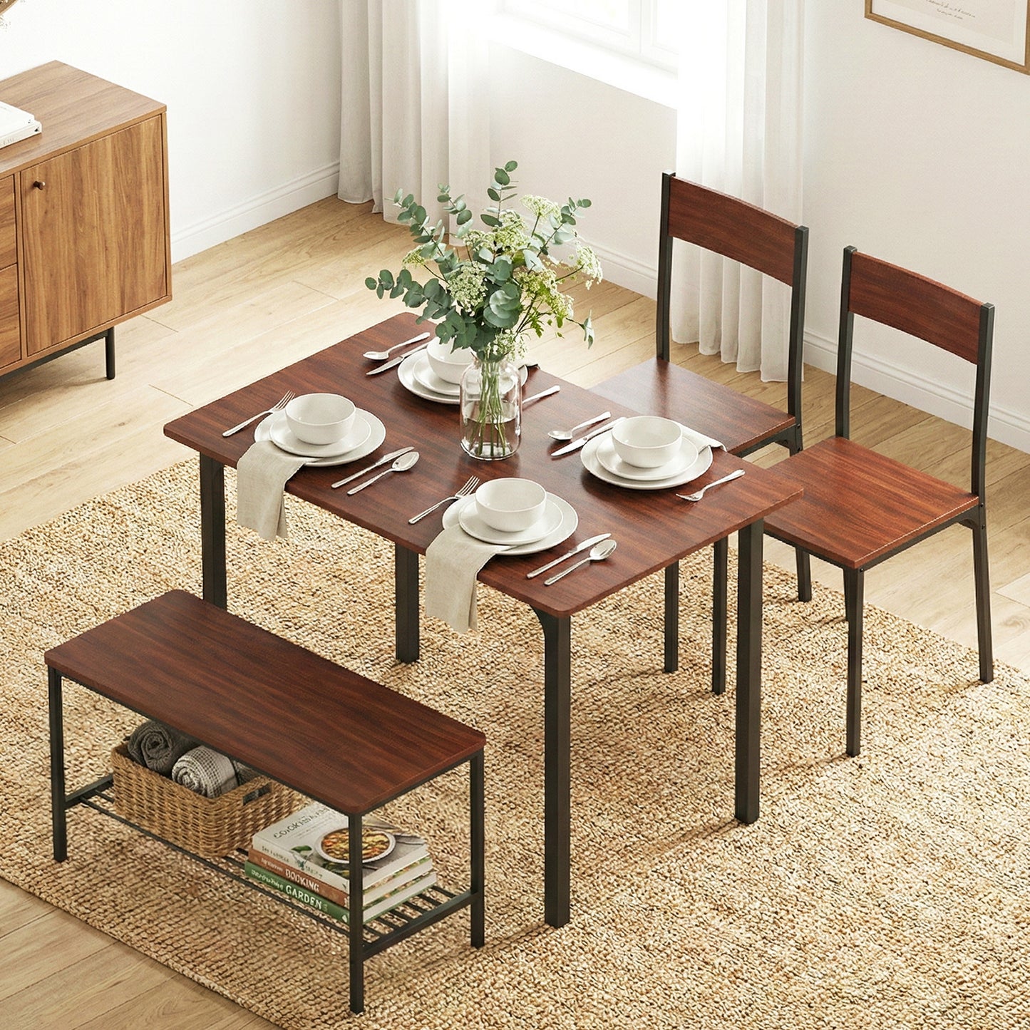 Dining Table and Chairs Set with Storage Bench – Walnut and Black