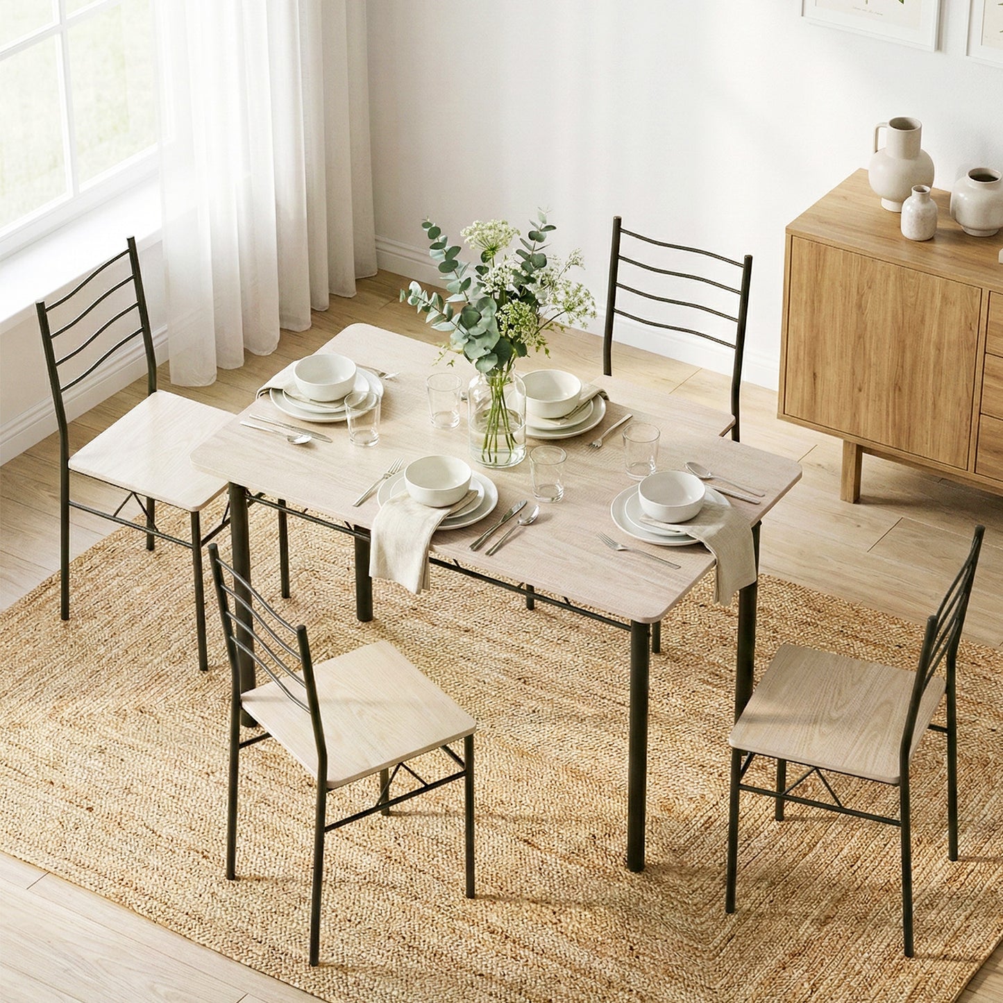 Dining Table and Chairs Set – Compact Modern Oak with Black Metal Frame
