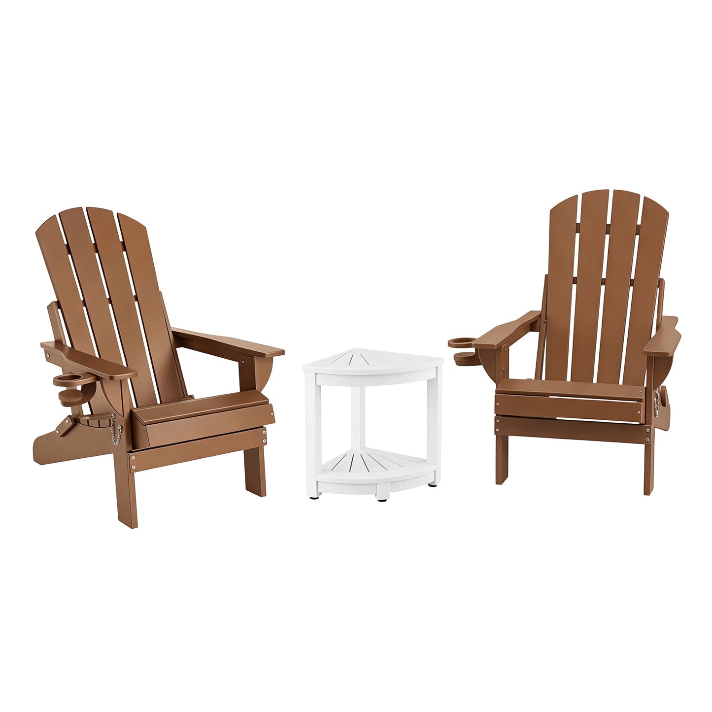 Outdoor Folding Adirondack Chair Set – HDPE, Waterproof, Brown and White