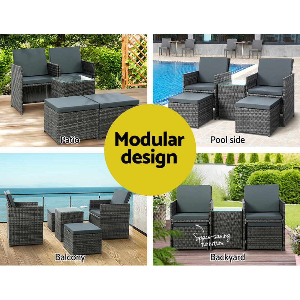 TWSC 5PC Bistro Set Wicker Table and Chairs Ottoman Outdoor Furniture Grey