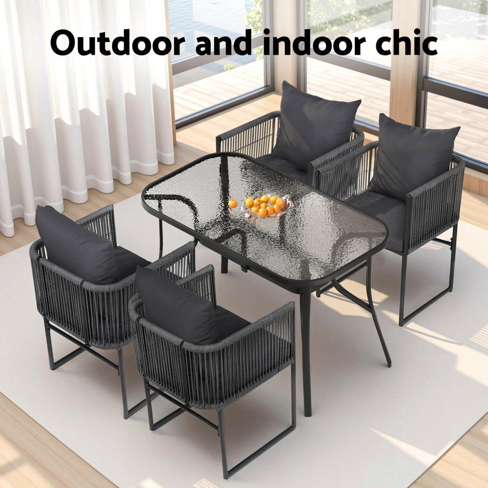 5-Piece Outdoor Dining Set – Rope Chairs with Tempered Glass Table, Black