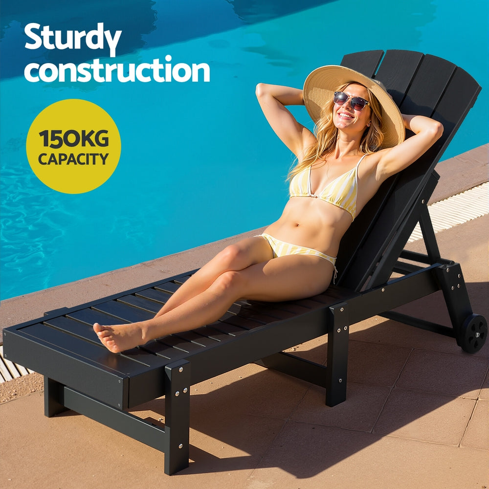 TWSC Sun Lounge Lounger Table and Chairs Beach Chair HDPE Patio Outdoor Furniture Wheels Black