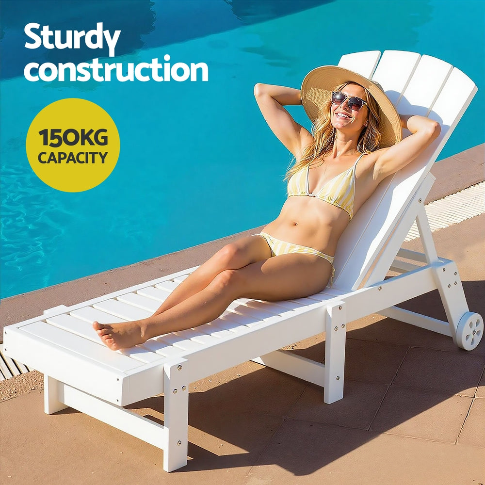 TWSC Sun Lounge Lounger Table and Chairs Beach Chair Adirondack HDPE Patio Outdoor Furniture Wheels White