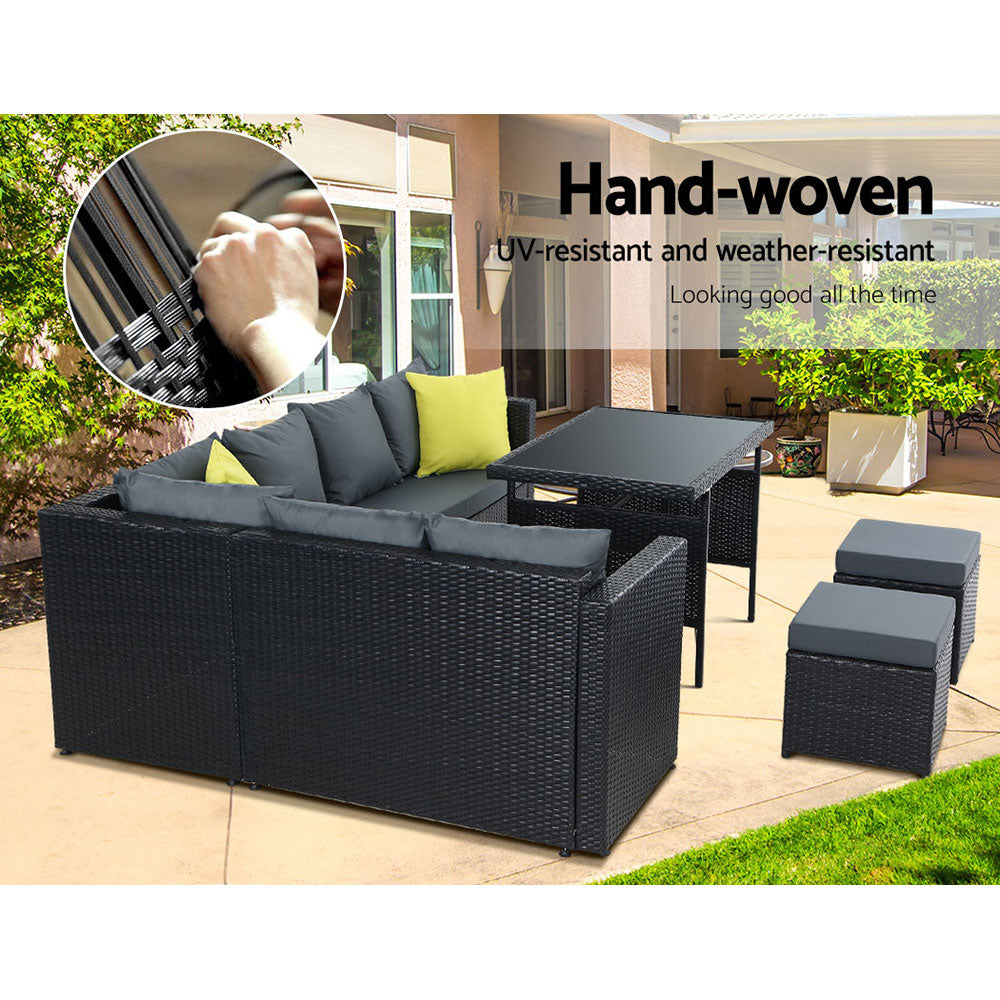 TWSC Outdoor Dining Set Aluminum Table Chairs Wicker Setting Black