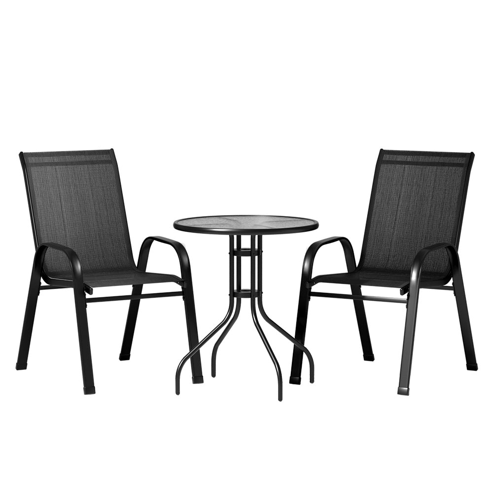 TWSC 3PC Outdoor Bistro Set Table and Chairs Stackable Patio Furniture Black