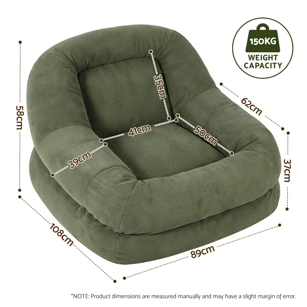 TWSC Armchair Floor Chair Couch Recliner 1 Seater Cloud Chaise Lounge Corduroy Green