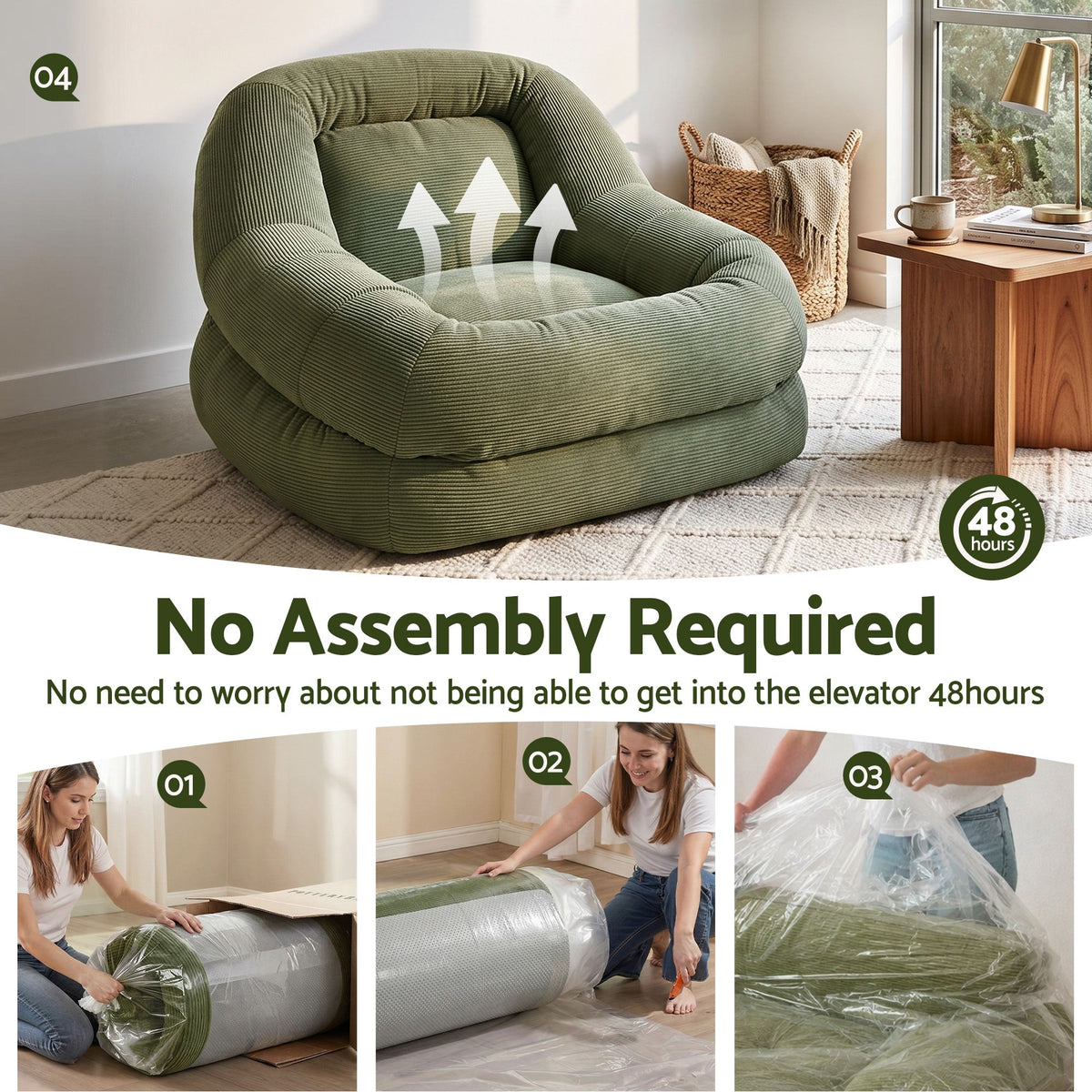 TWSC Armchair Floor Chair Couch Recliner 1 Seater Cloud Chaise Lounge Corduroy Green