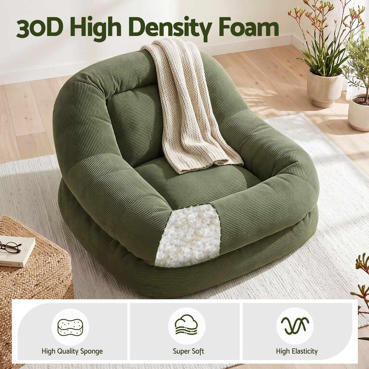 TWSC Armchair Floor Chair Couch Recliner 1 Seater Cloud Chaise Lounge Corduroy Green