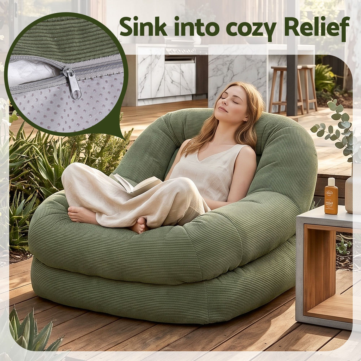 TWSC Armchair Floor Chair Couch Recliner 1 Seater Cloud Chaise Lounge Corduroy Green