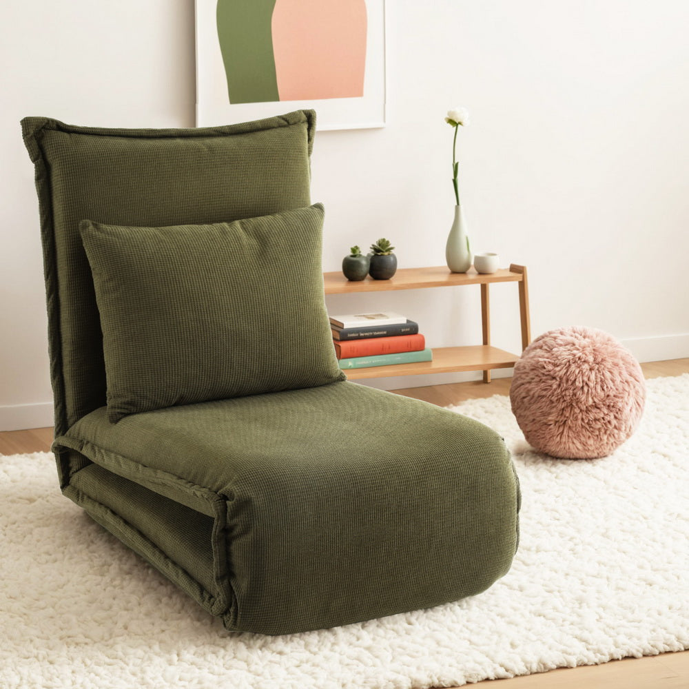 Floor Lounge Sofa Bed – Foldable, Adjustable, Green Corduroy