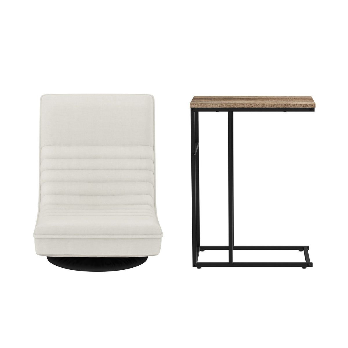 TWSC Floor Lounge & Coffee Table Set, Swviel Foldable Linen Sofa Chair White, C-Shaped Side Table Walnut