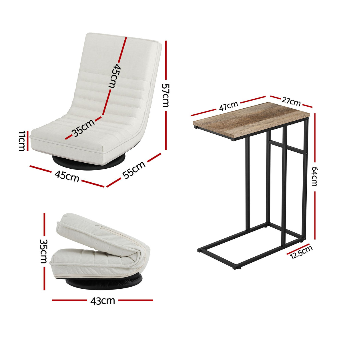 TWSC Floor Lounge & Coffee Table Set, Swviel Foldable Linen Sofa Chair White, C-Shaped Side Table Walnut