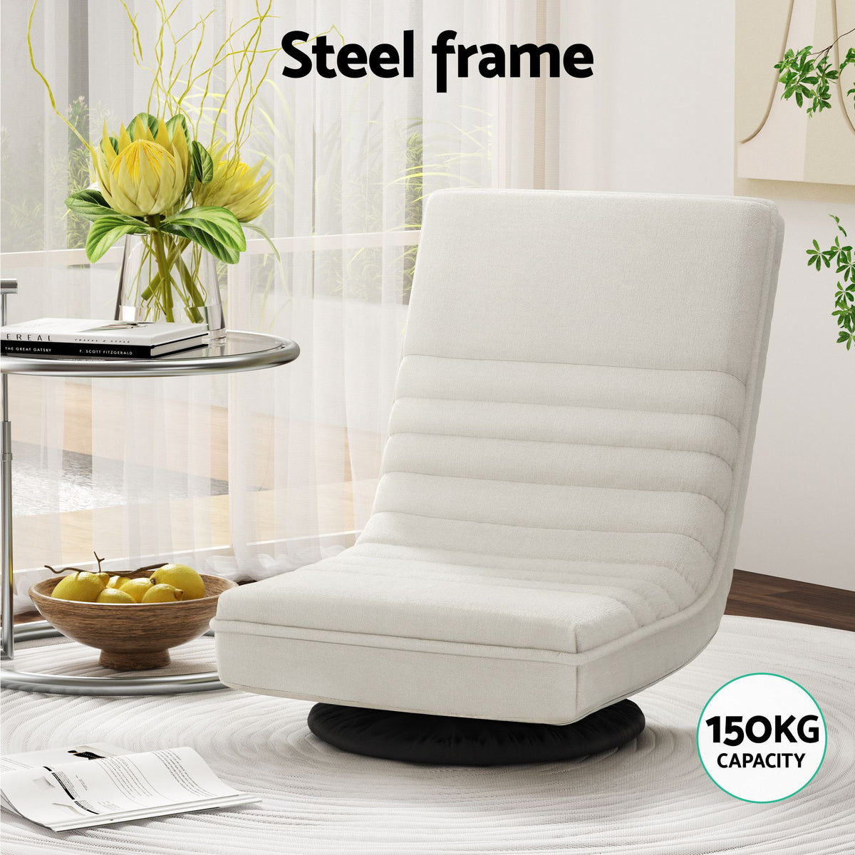 TWSC Floor Lounge & Coffee Table Set, Swviel Foldable Linen Sofa Chair White, C-Shaped Side Table Walnut