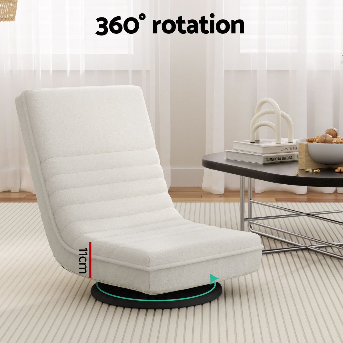 TWSC Floor Lounge & Coffee Table Set, Swviel Foldable Linen Sofa Chair White, C-Shaped Side Table Walnut