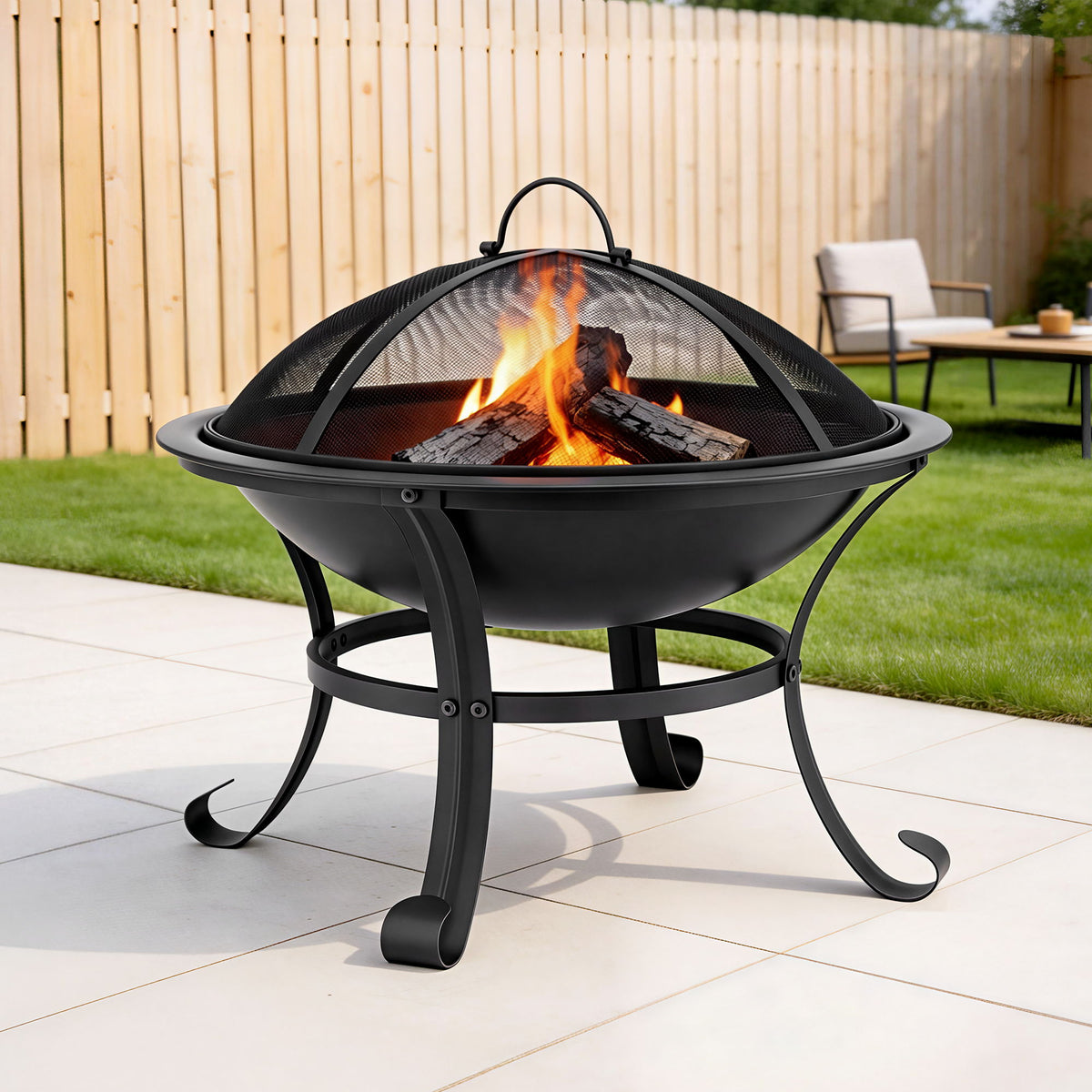 Grillz Fire Pit with Mesh Lid and Fire Picker BBQ Grill Wood Burning Outdoor Camping