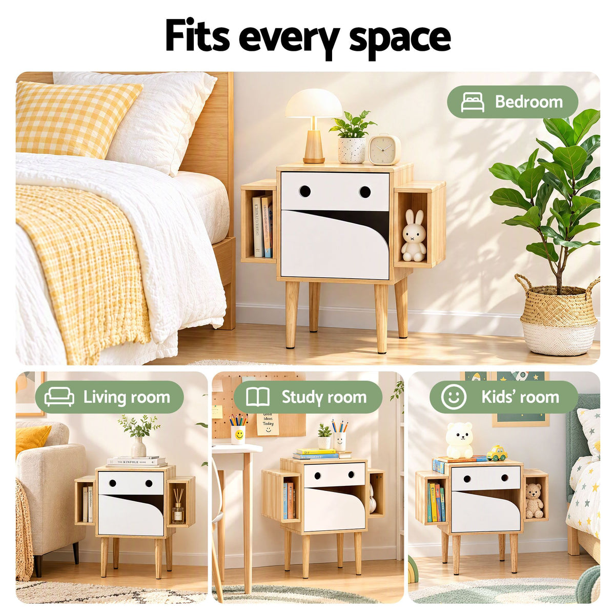 TWSC Bedside Table with Drawer Robot Design for Kids' Room Bedroom Pine