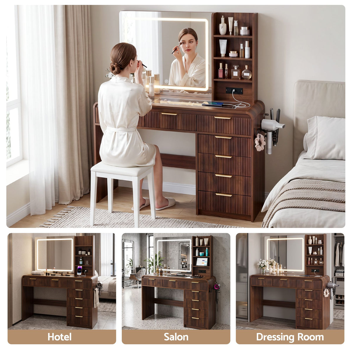 TWSC Dressing Table Vanity Desk LED Lighted Mirror Glass Top 7 Fluted Drawers 120CM Walnut