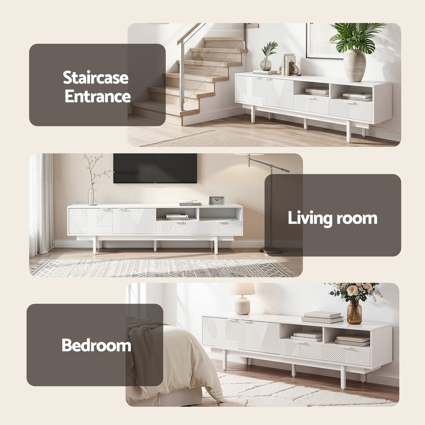 TWSC TV Unit Entertainment Unit Storage Cabinet Drawer 200cm White