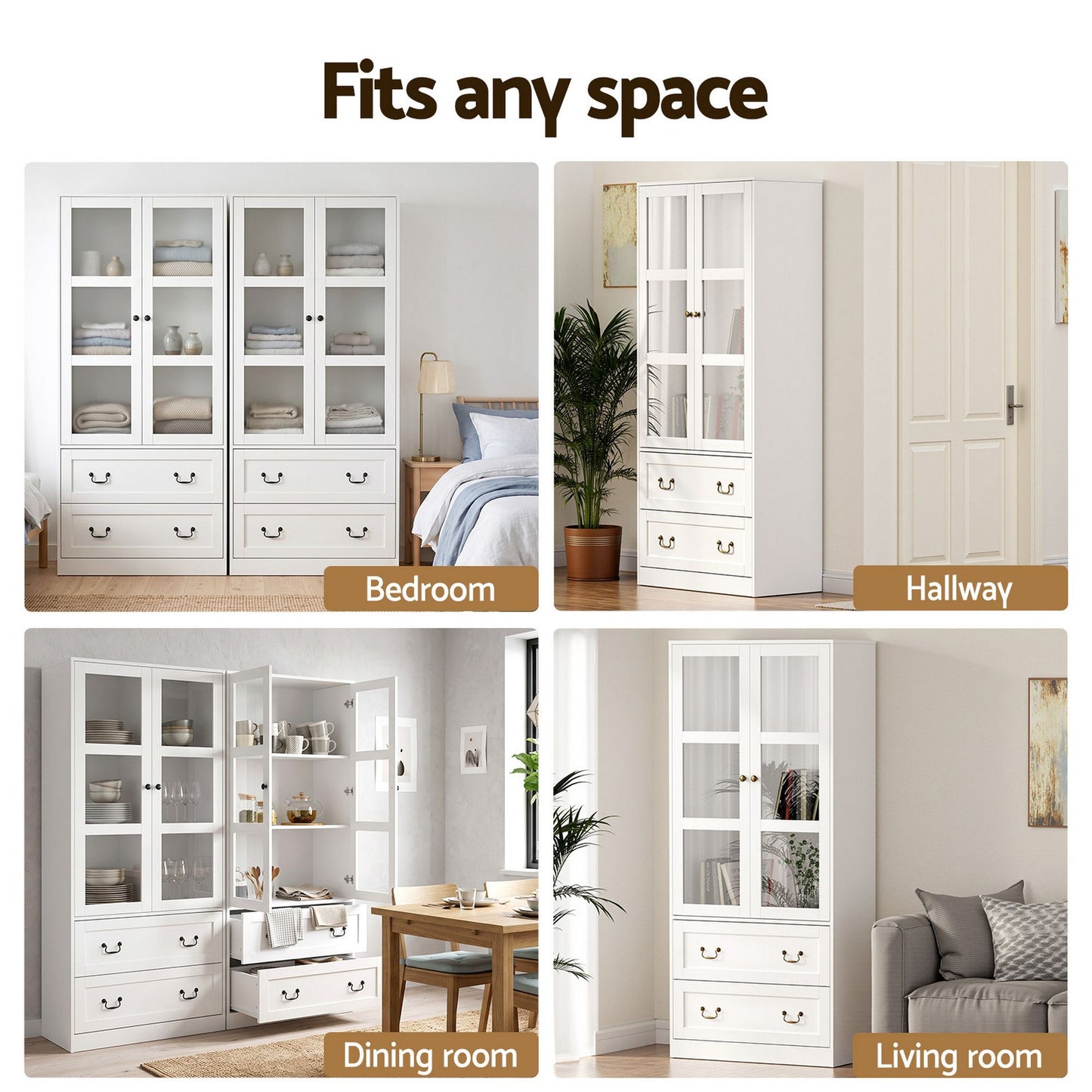 TWSC Buffet Sideboard Cabinets X2 180cm Hutch Storage Kitchen Clear Door White