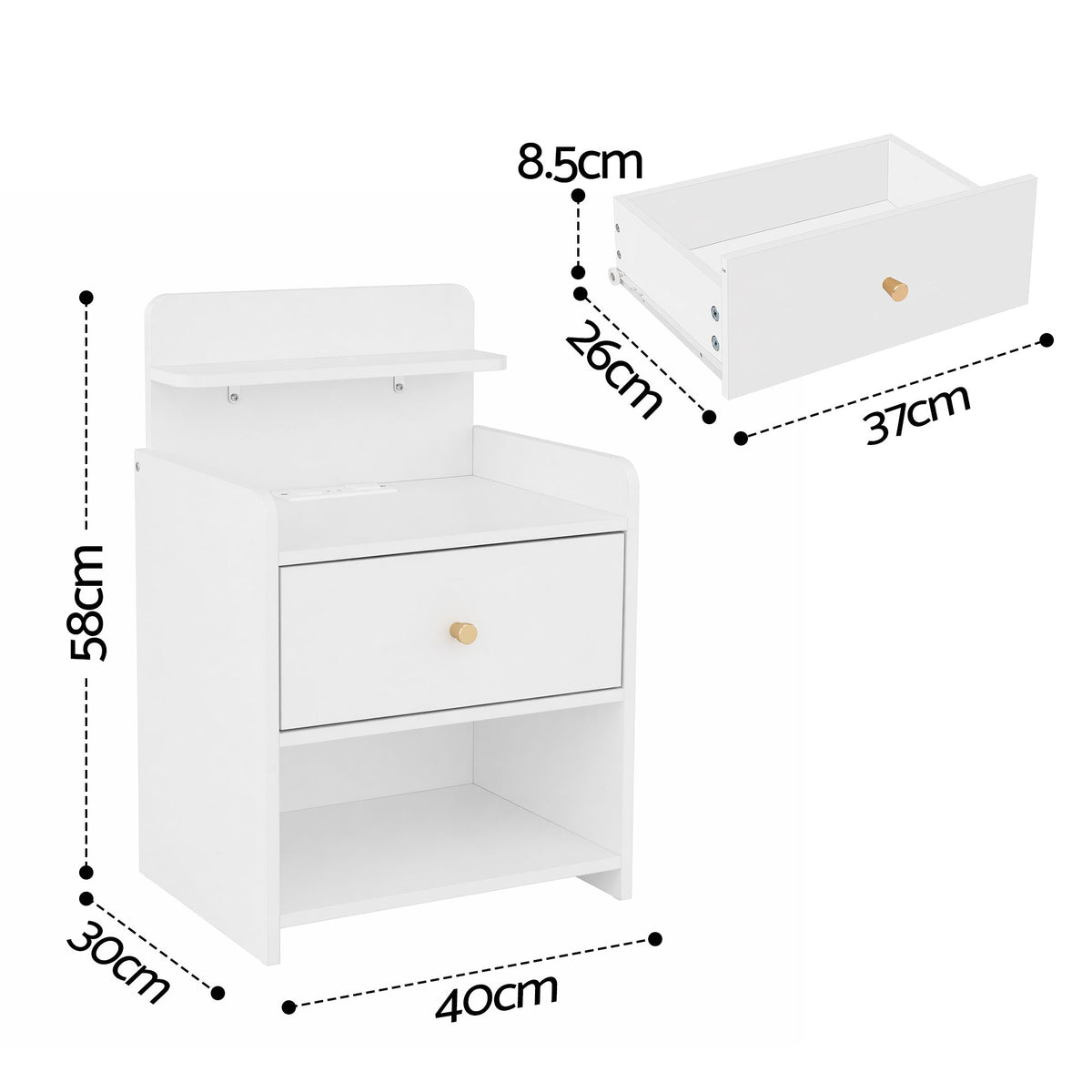 TWSC Bedside Table Drawer Charging Station White