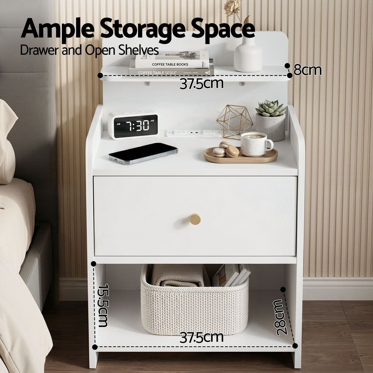 TWSC Bedside Table Drawer Charging Station White