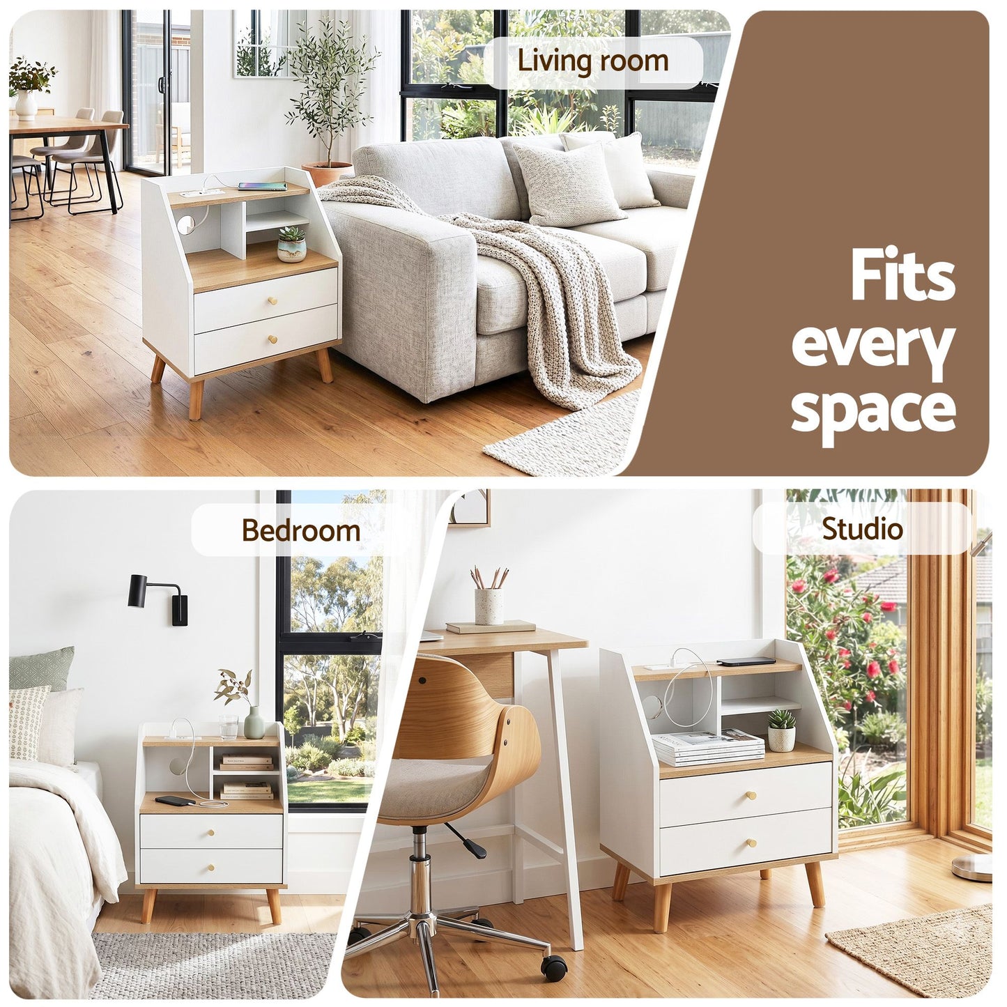 TWSC Bedside Table 2 Drawers Charging Station White and Pine