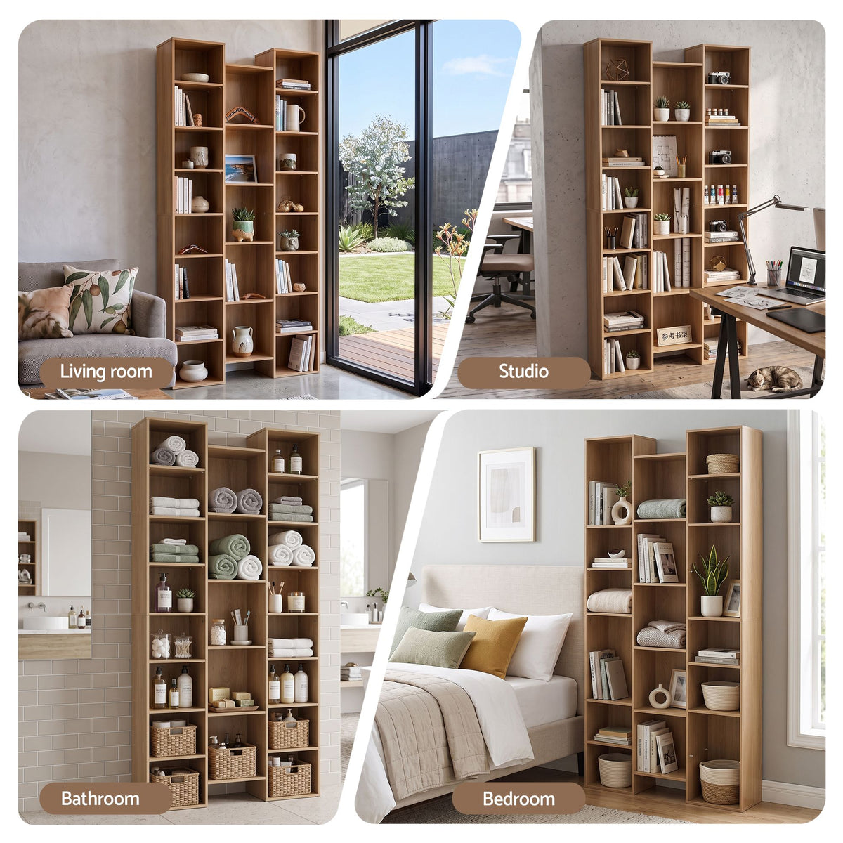 TWSC Bookshelf Display Shelves CD DVD Storage Rack Tall Bookcase Oak