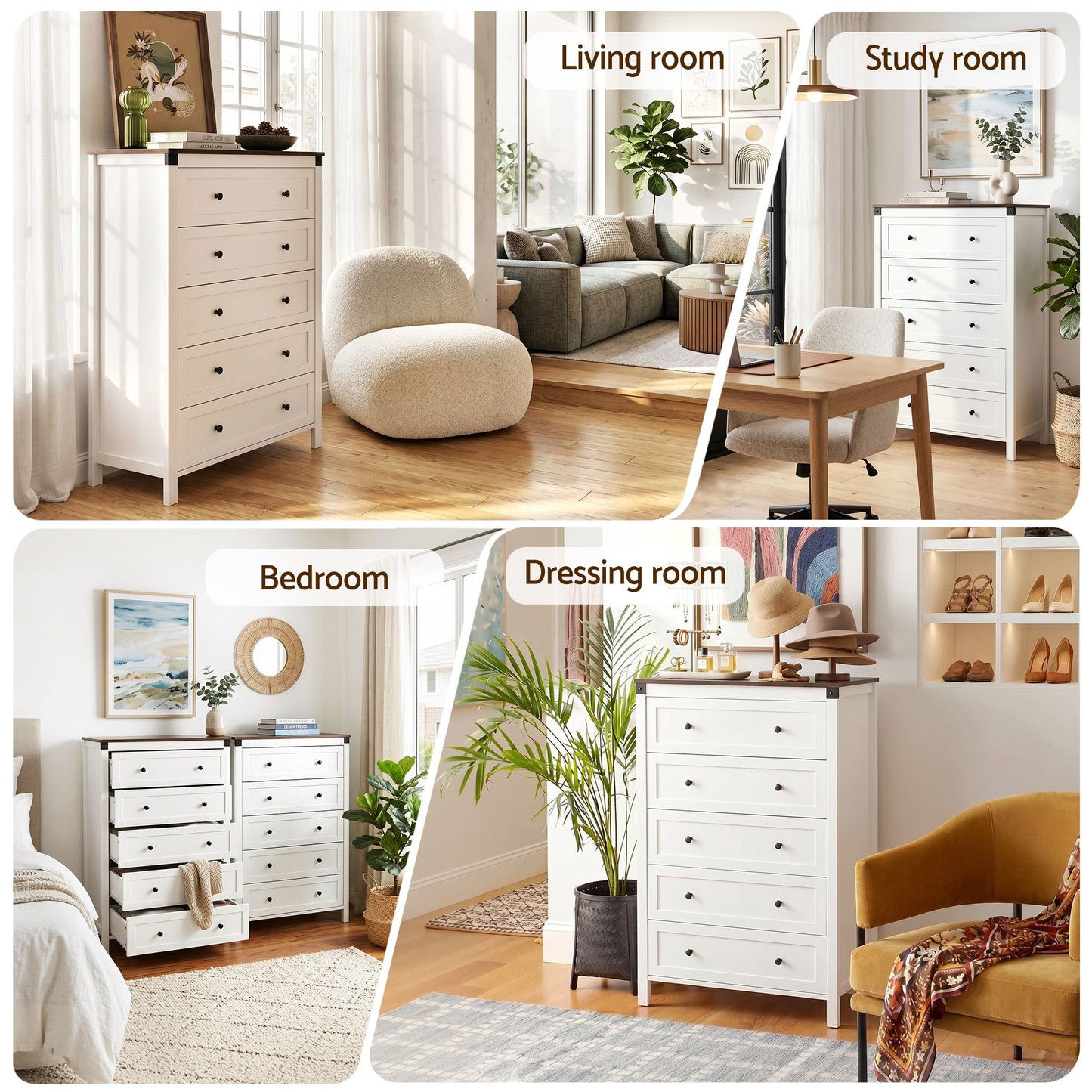 TWSC 5 Chest of Drawers Storage Tallboy White & Walnut