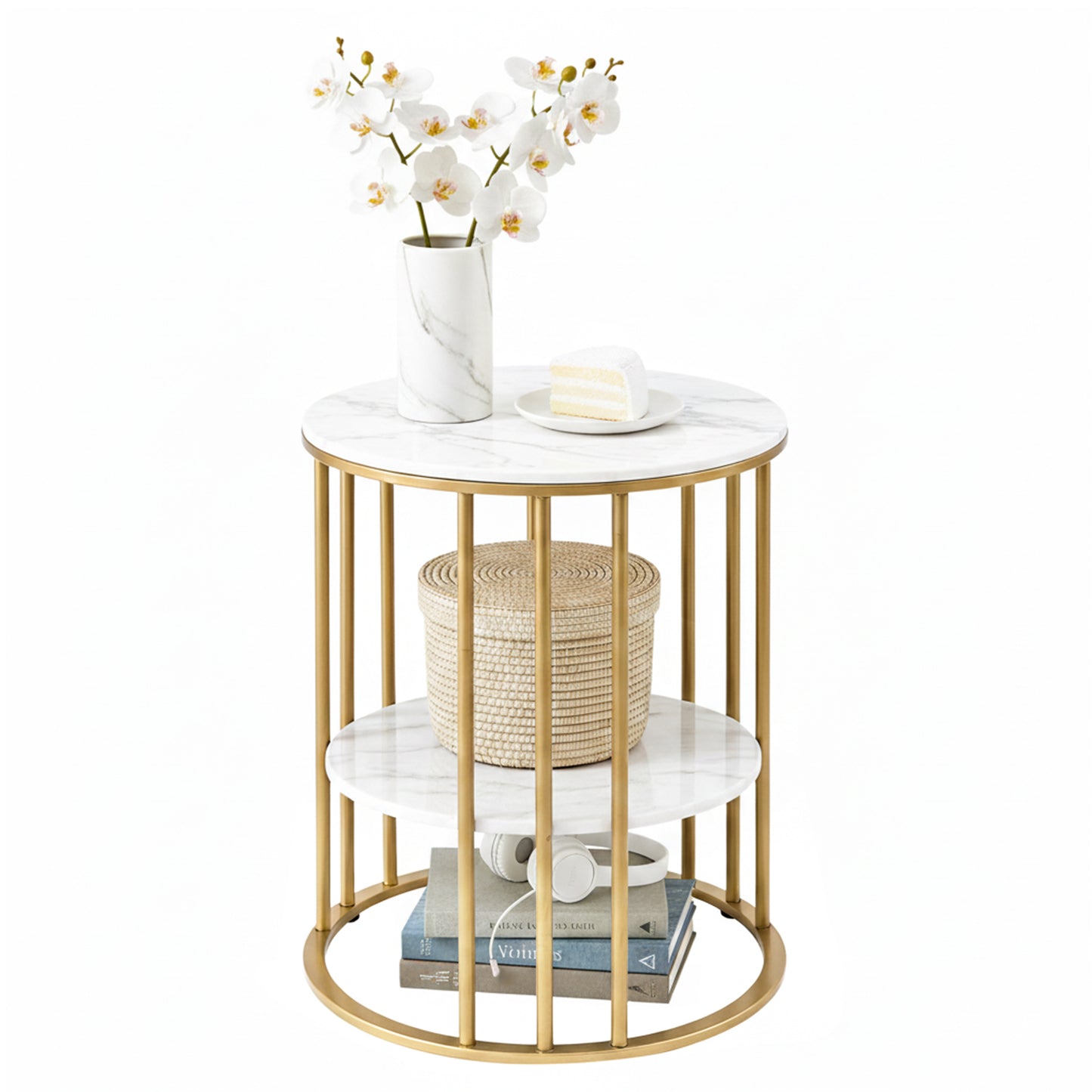 Coffee Table – 2-Tier Marble Effect, White & Gold