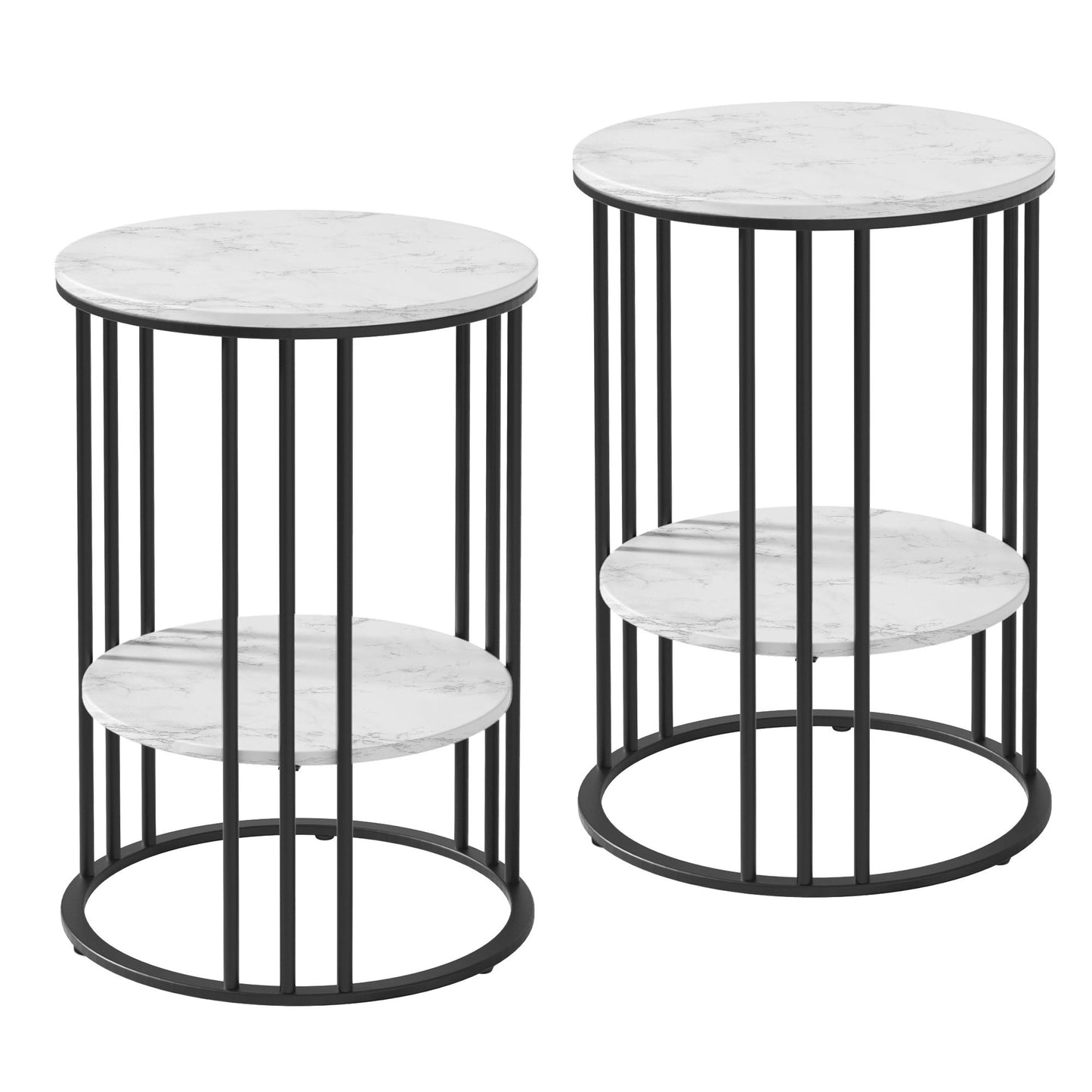 Set of 2 Round Side Tables – Marble Effect, 2-Tier Design