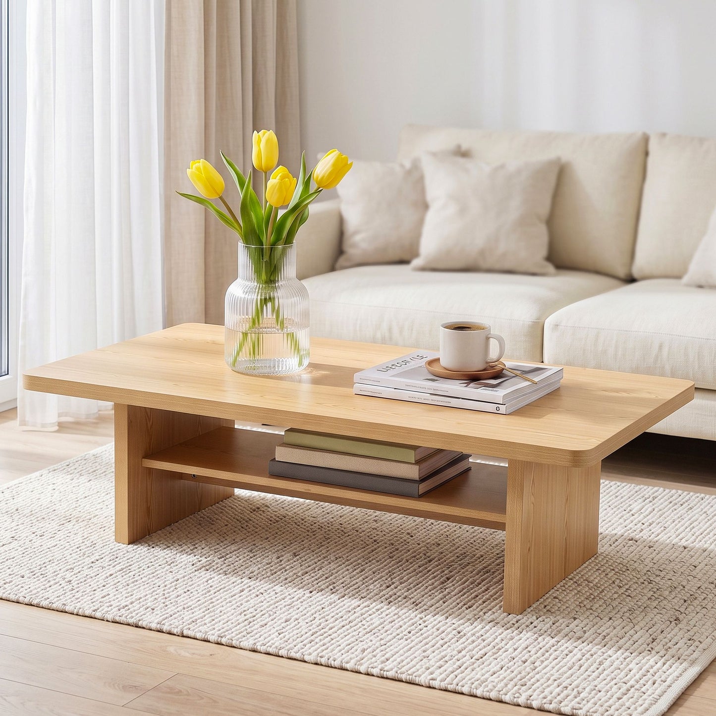 TWSC Coffee Table 110cm Center Table with 2-Tier Open Storage Shelf Wood