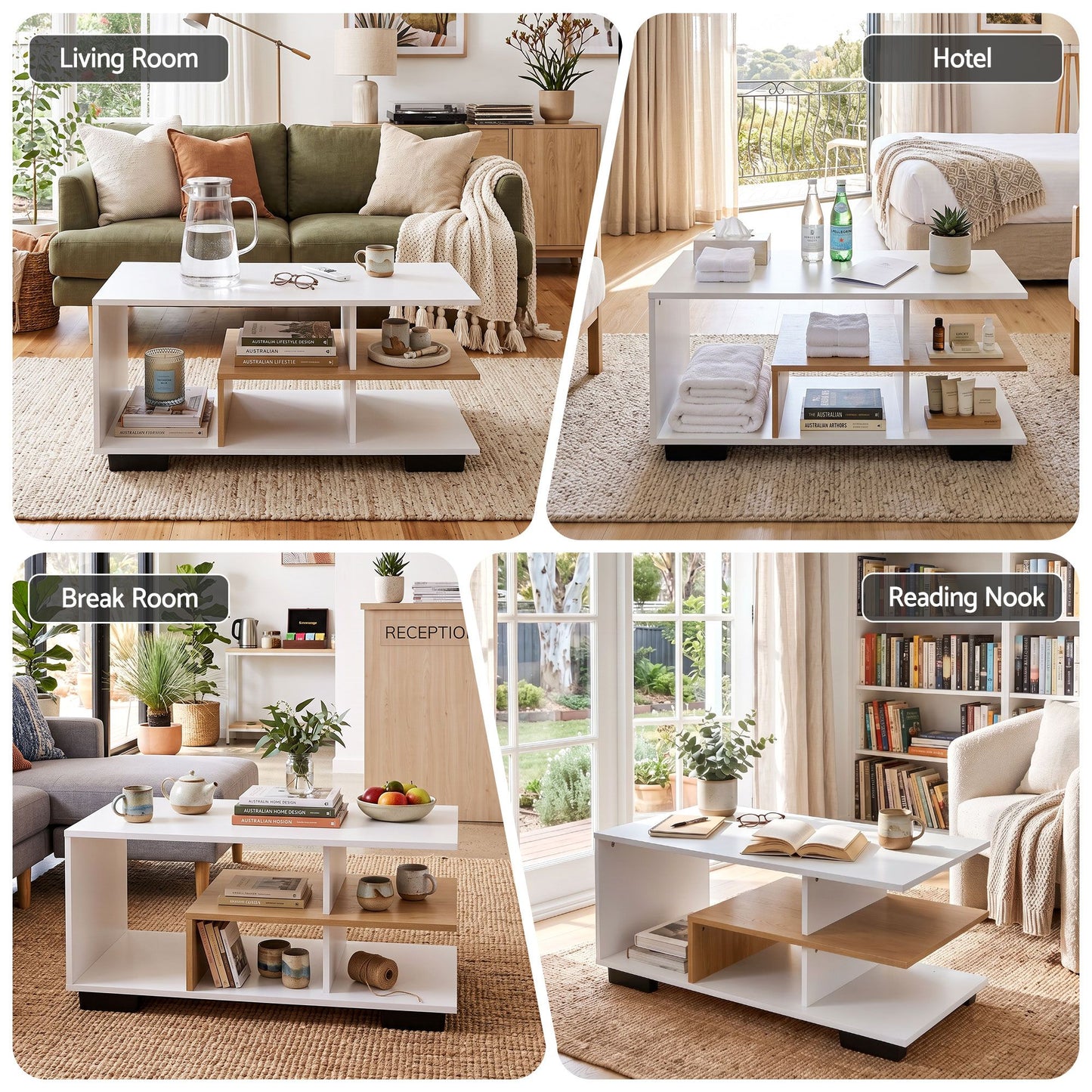 TWSC Coffee Table 90cm Center Table 3 Tier Open Storage Shelf Modern Living Room White & Wood