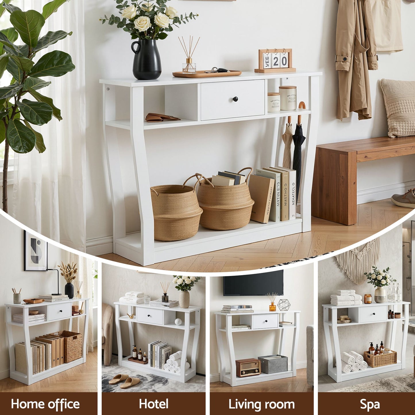 TWSC Console Table Entryway Hallway Sofa Side Table Drawer Shelf 100CM White