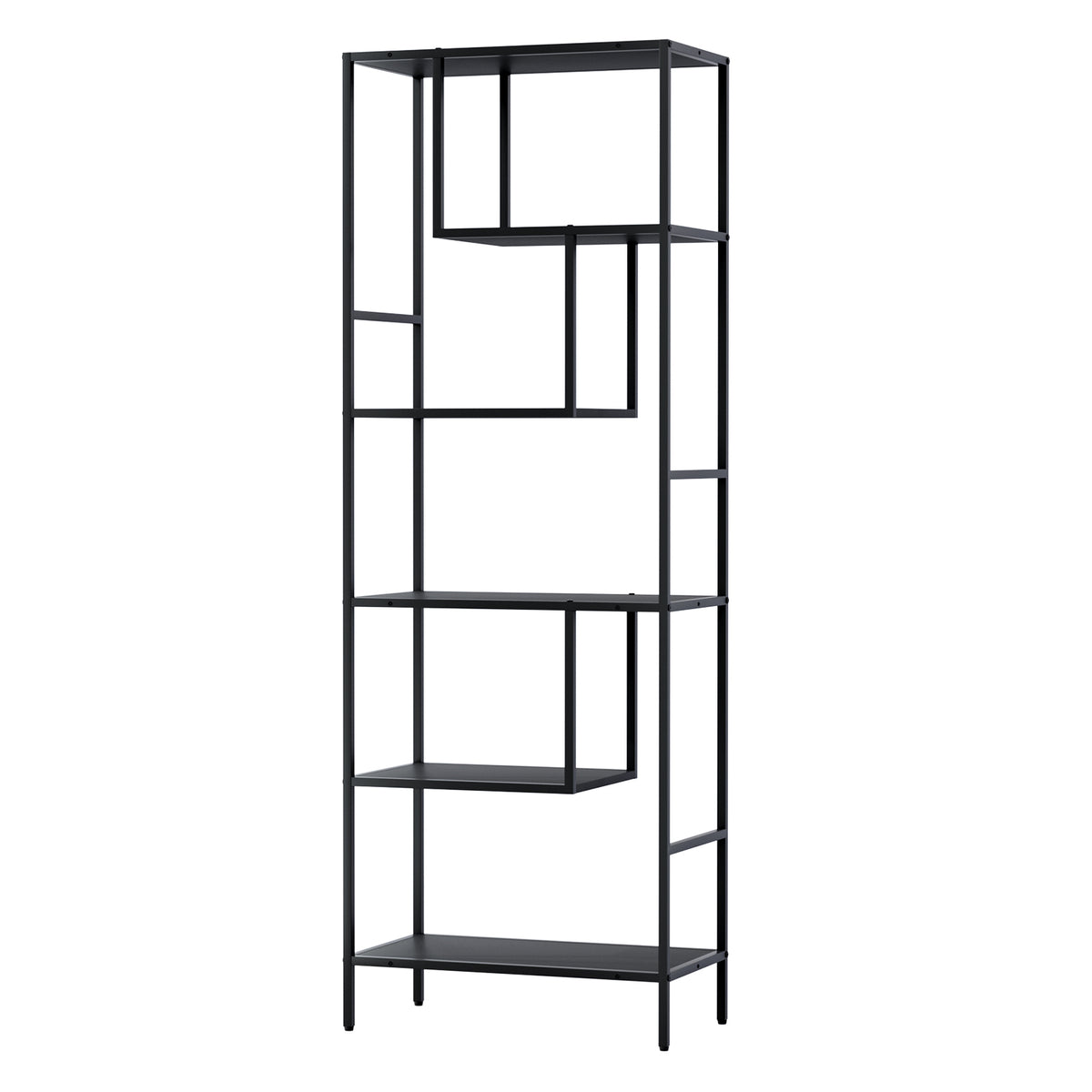 Black powder-coated metal Rhys 5-tier bookshelf by The Willow Stone Collective, showcasing modern design and multiple open shelving levels.