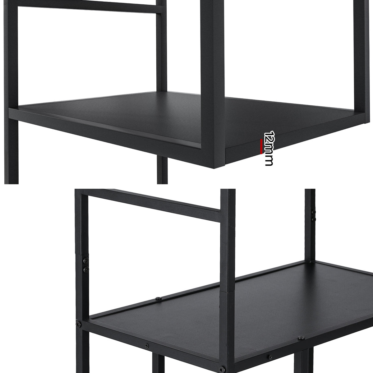 Black powder-coated metal Rhys 5-tier bookshelf by The Willow Stone Collective, showcasing a sleek, modern design for living room storage.