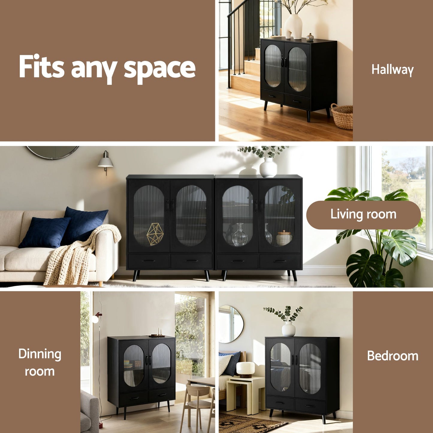 Black buffet sideboard with double doors and pinewood legs, modern furniture piece for dining room storage
