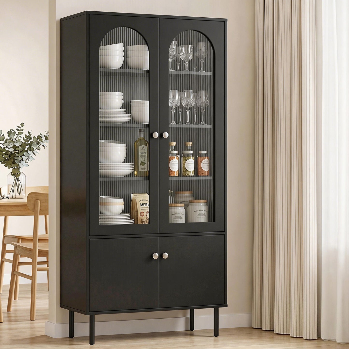 Buffet Sideboard – Fluted Doors, Black, Adjustable Metal Legs