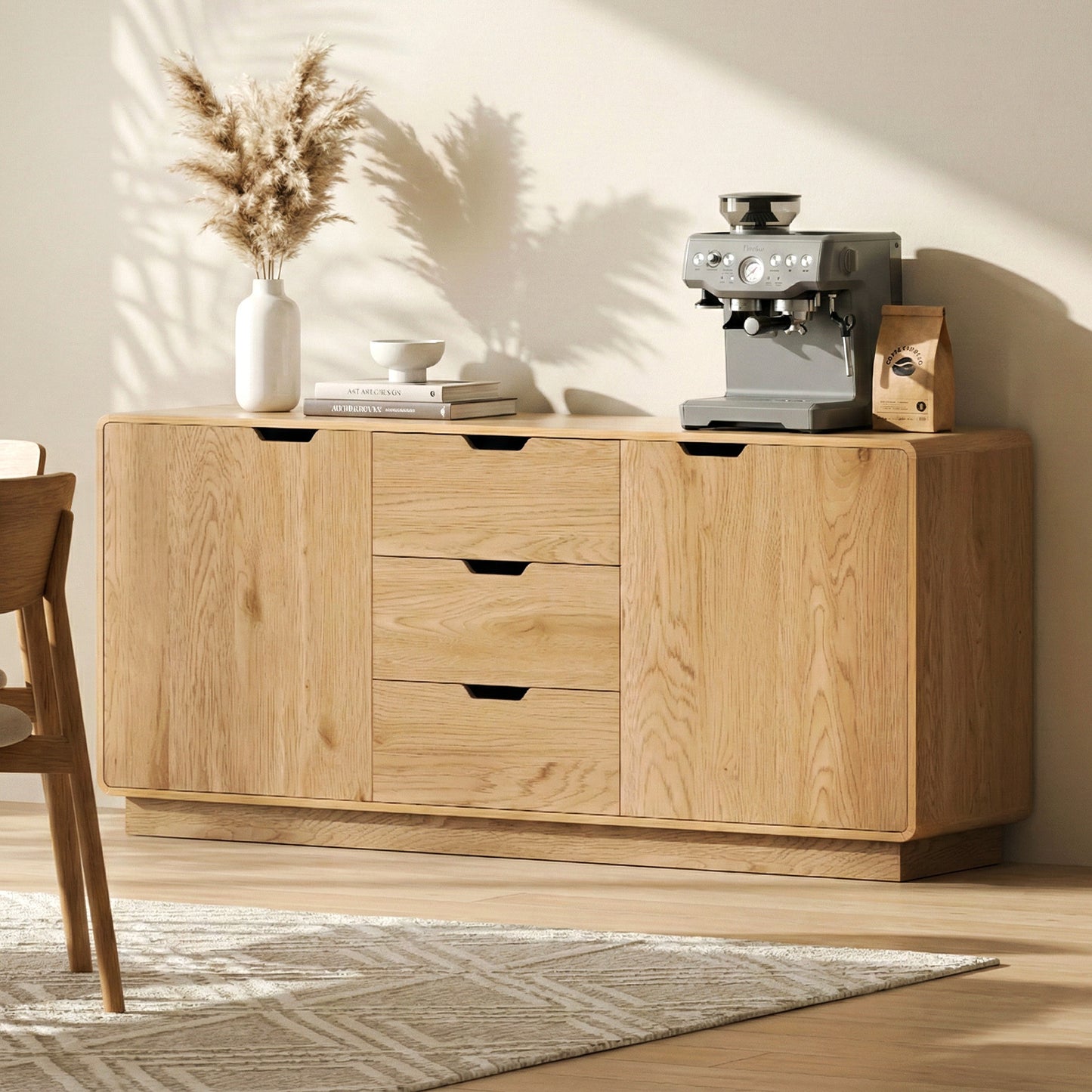 Buffet Sideboard – Oak Finish with Rounded Edges and Storage Drawers
