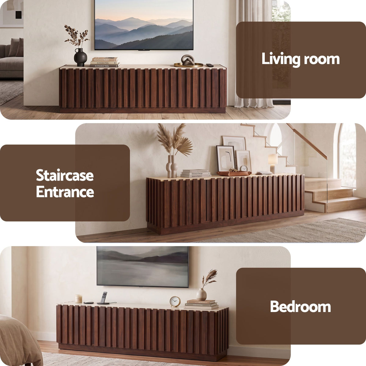 TWSC 180cm TV Unit Entertainment Cabinet Fluted Style Anti-tip Kit Walnut