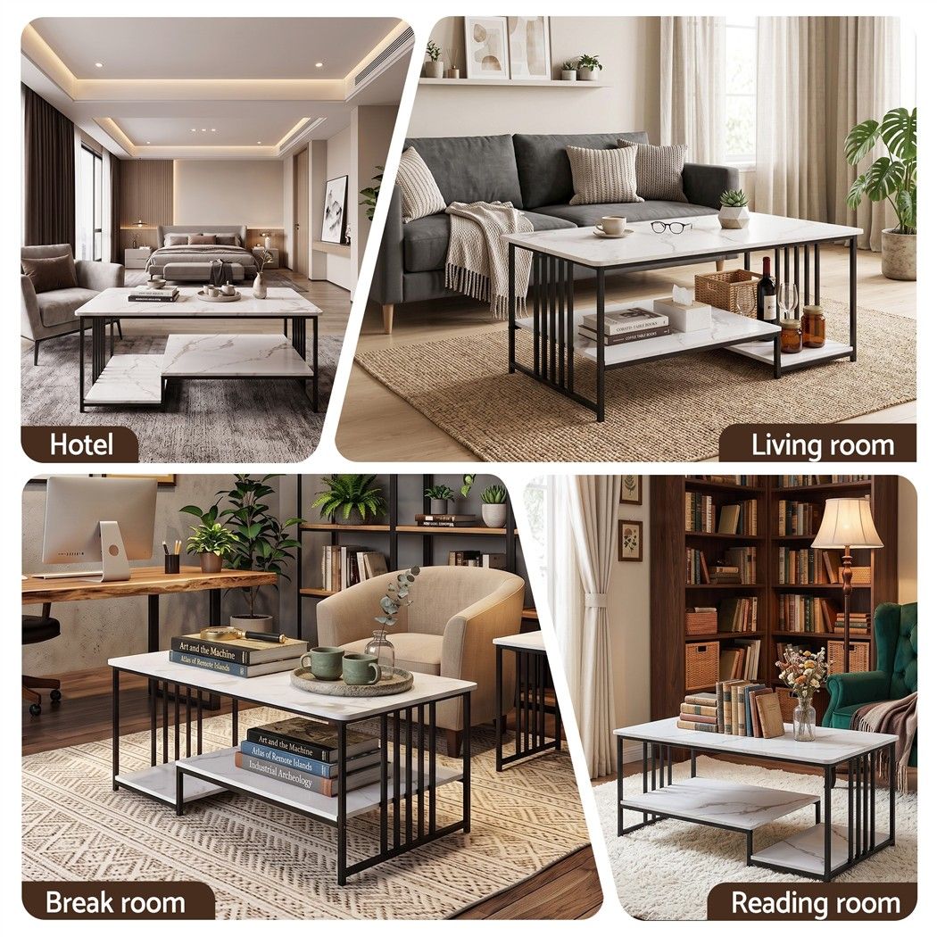 TWSC Coffee Table 100cm Faux Marble Finish Center Table 2-Tier Storage White&Black