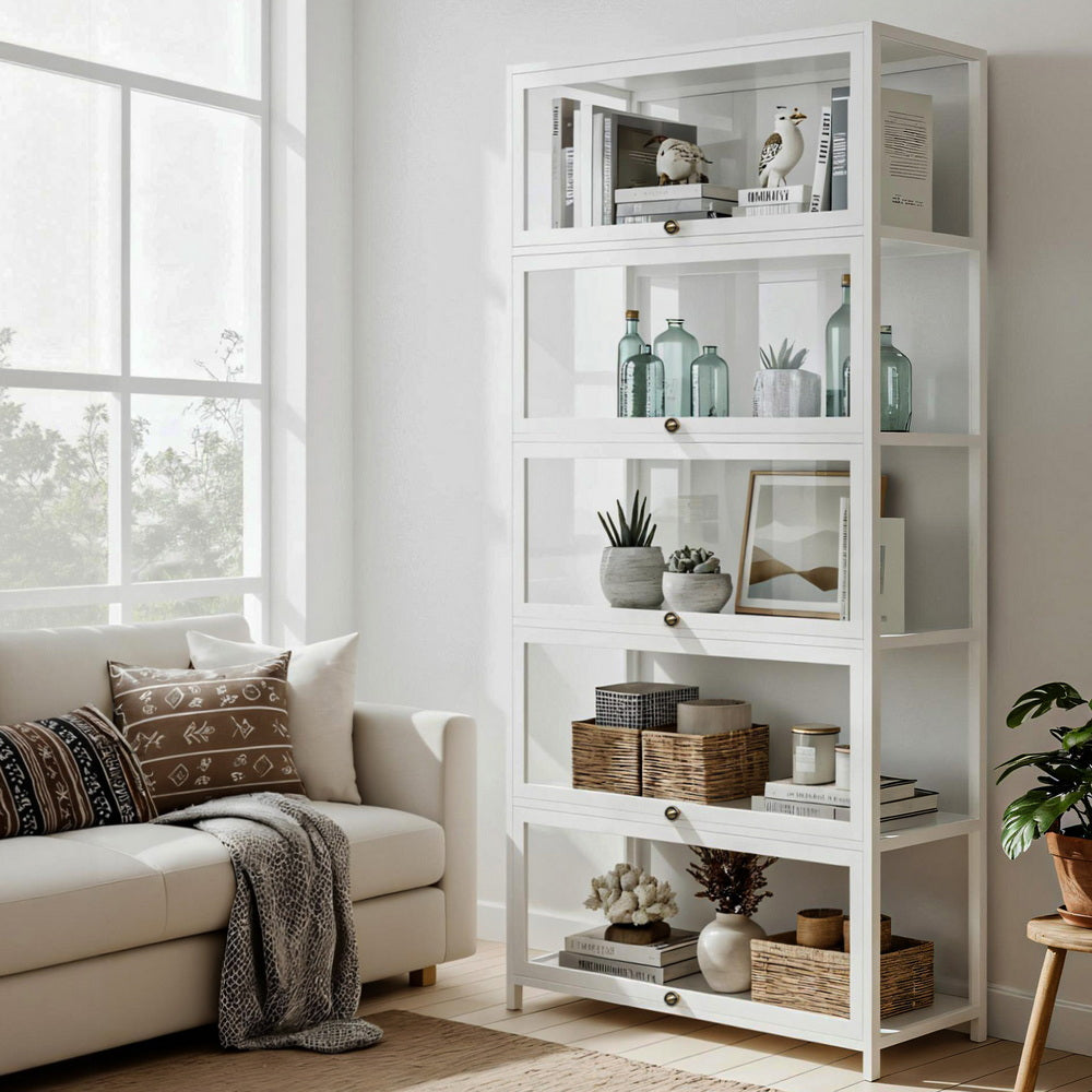 TWSC 5-Tier Display Cabinet Storage Bookshelf Clear Shelf White