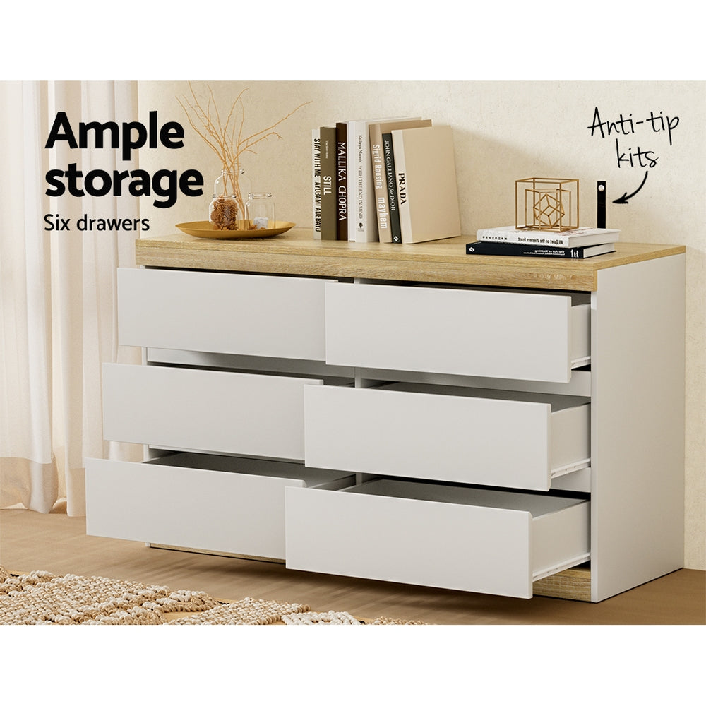 Chest of Drawers - 6 Spacious Drawers, White and Oak Finish