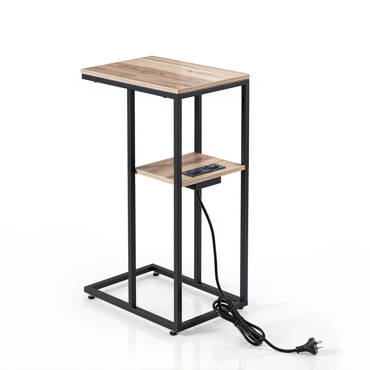 TWSC C-Shaped End Table Charging Station 2-Tier Side Coffee Table Bedside Wood