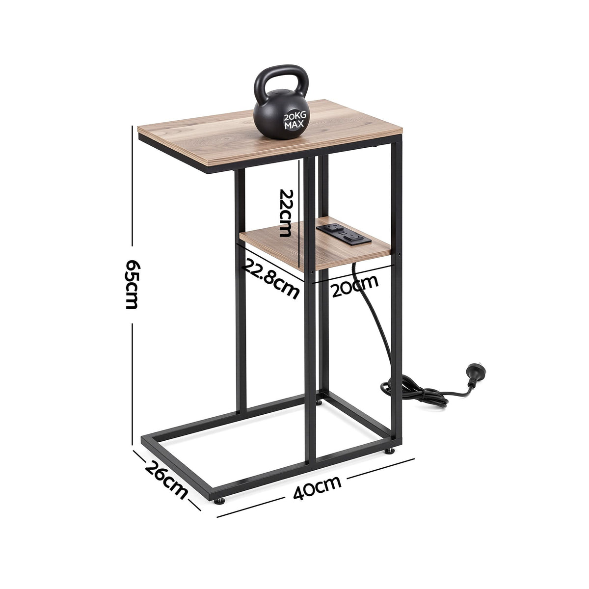 TWSC C-Shaped End Table Charging Station 2-Tier Side Coffee Table Bedside Wood