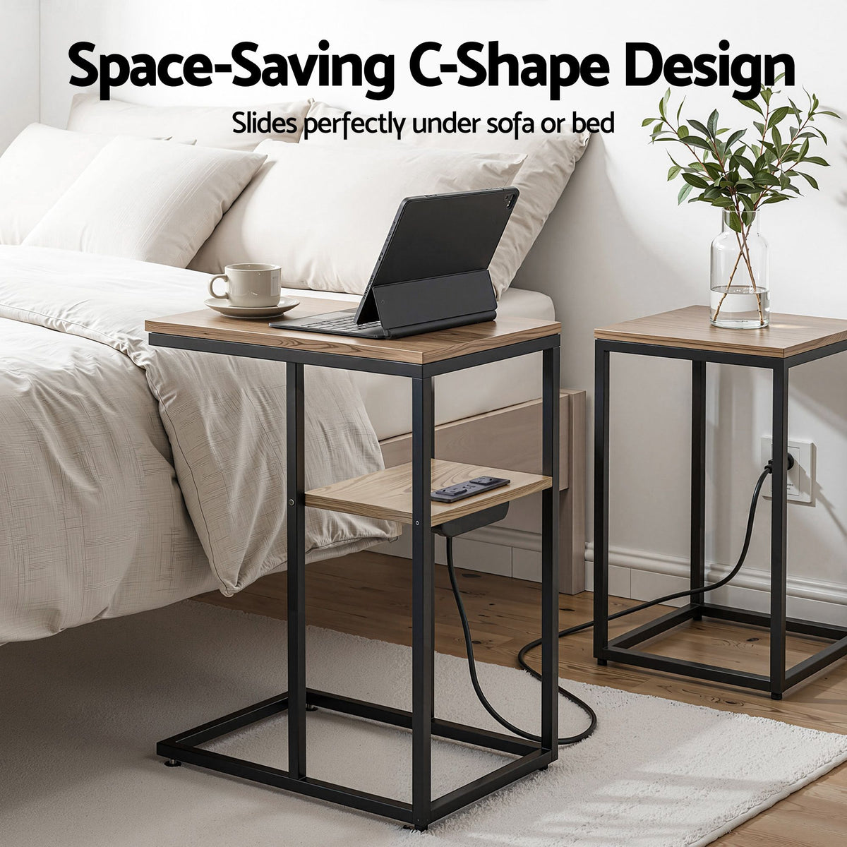 TWSC C-Shaped End Table Charging Station 2-Tier Side Coffee Table Bedside Wood