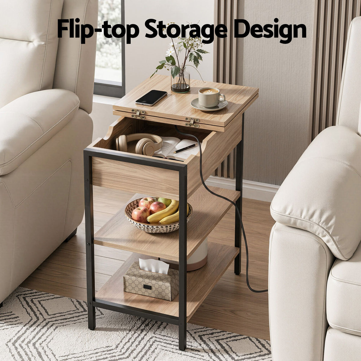 Artiss Coffee Table Set Of 2 Side Bedside End Table Charging Station Flip-Top Storage 60cm Wood