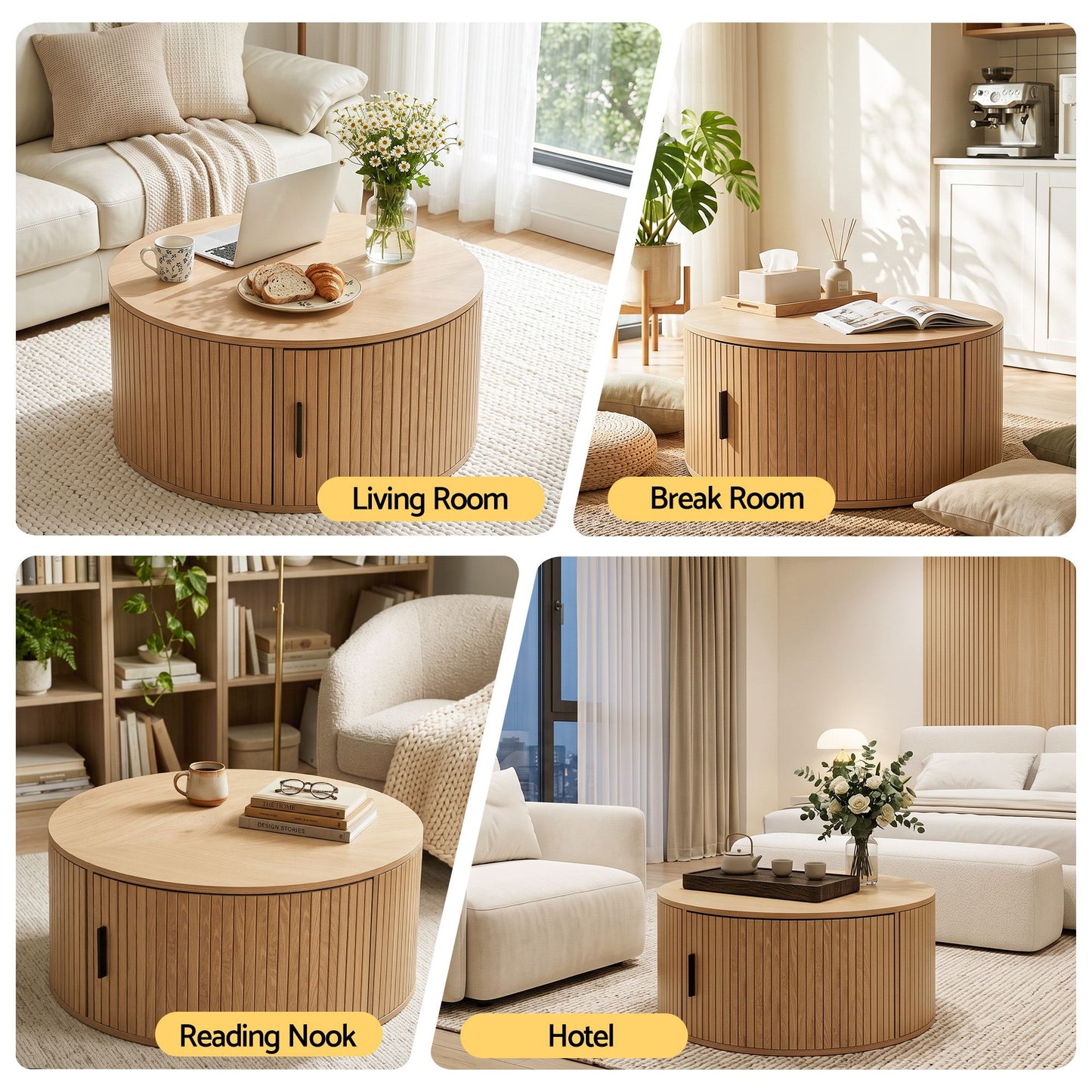 Artiss Round Coffee Table Storage Fluted Center Table Living Room Office 80cm Wood
